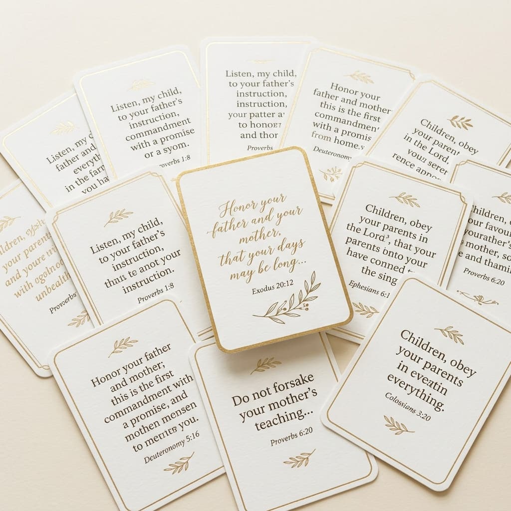 Minimalist biblical flashcards about honoring parents
