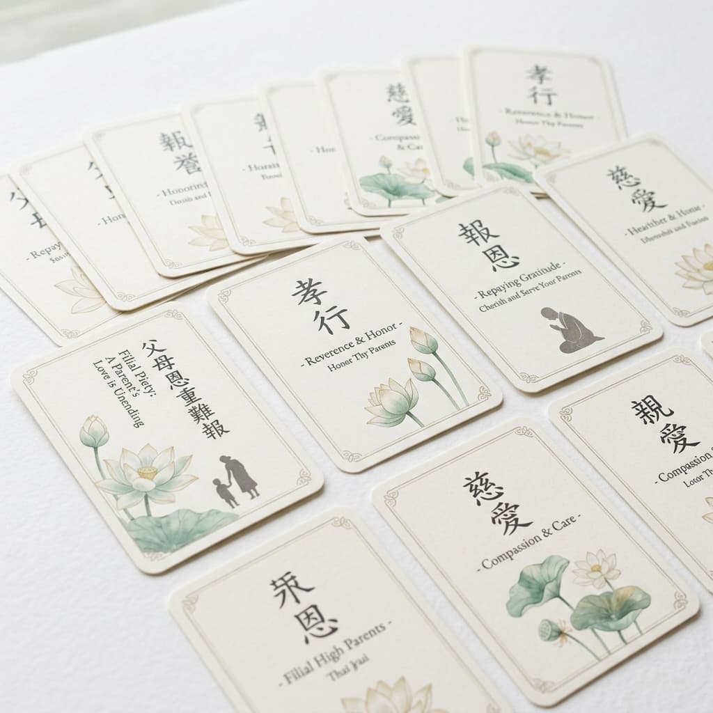 Buddhist reverence flashcards with a serene gold and cream design