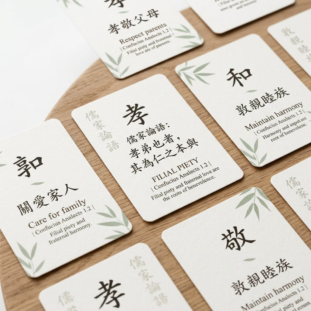 Confucian filial piety flashcards with a quiet red and cream design