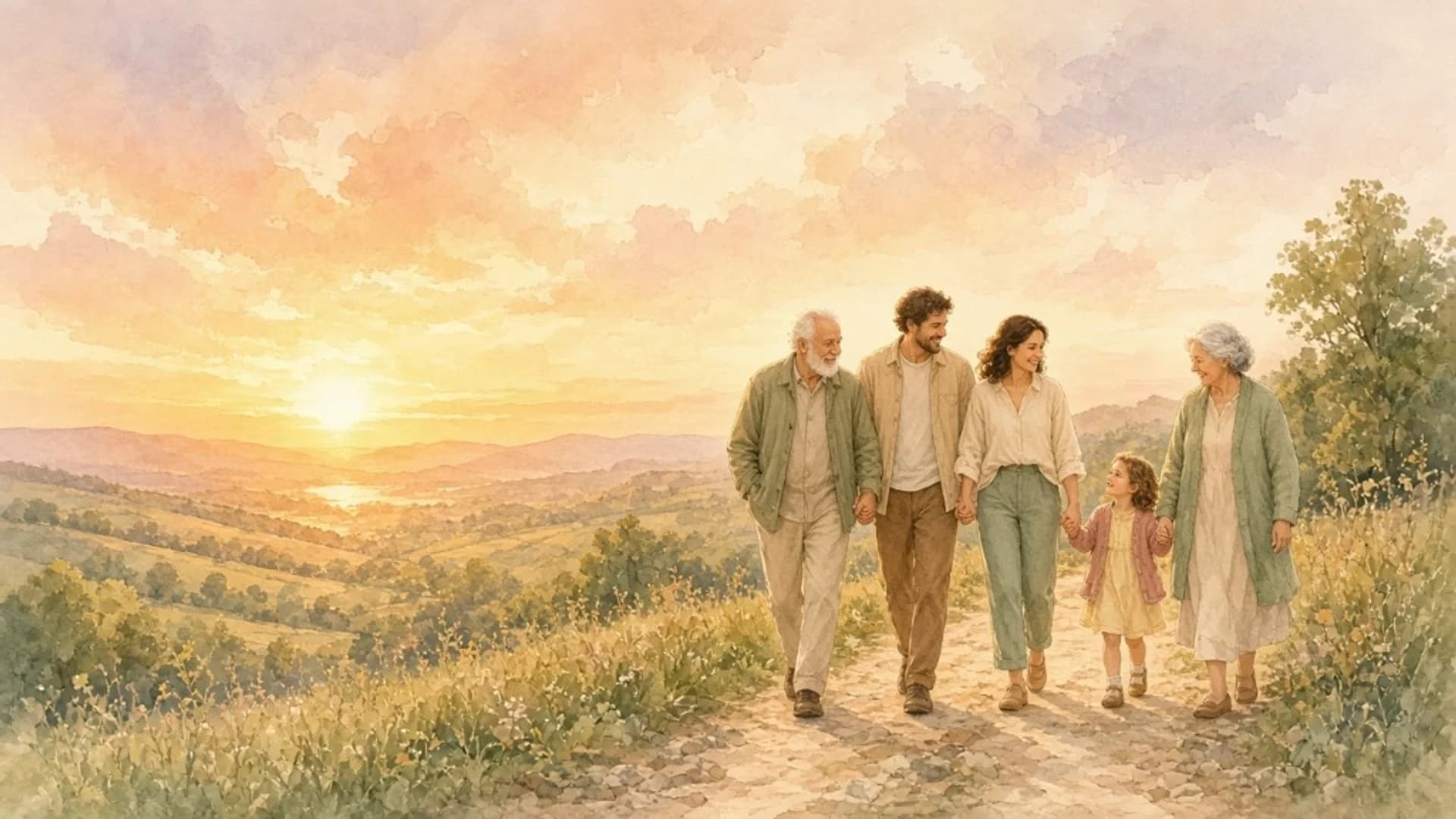 Warm watercolor of three generations—grandparents, parents, and daughter—walking together down a countryside path toward a golden sunrise