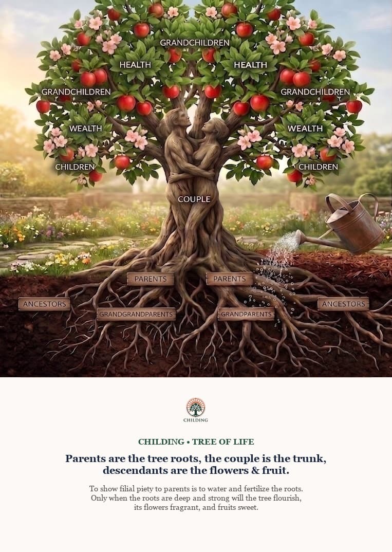 The Childing Tree of Life - Parents are the tree roots, the couple is the trunk, descendants are the flowers and fruit